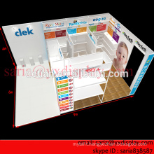 6x9 meters trade show stand for baby products with display shelf wall, Clerk stand exhibition system offered by Saria